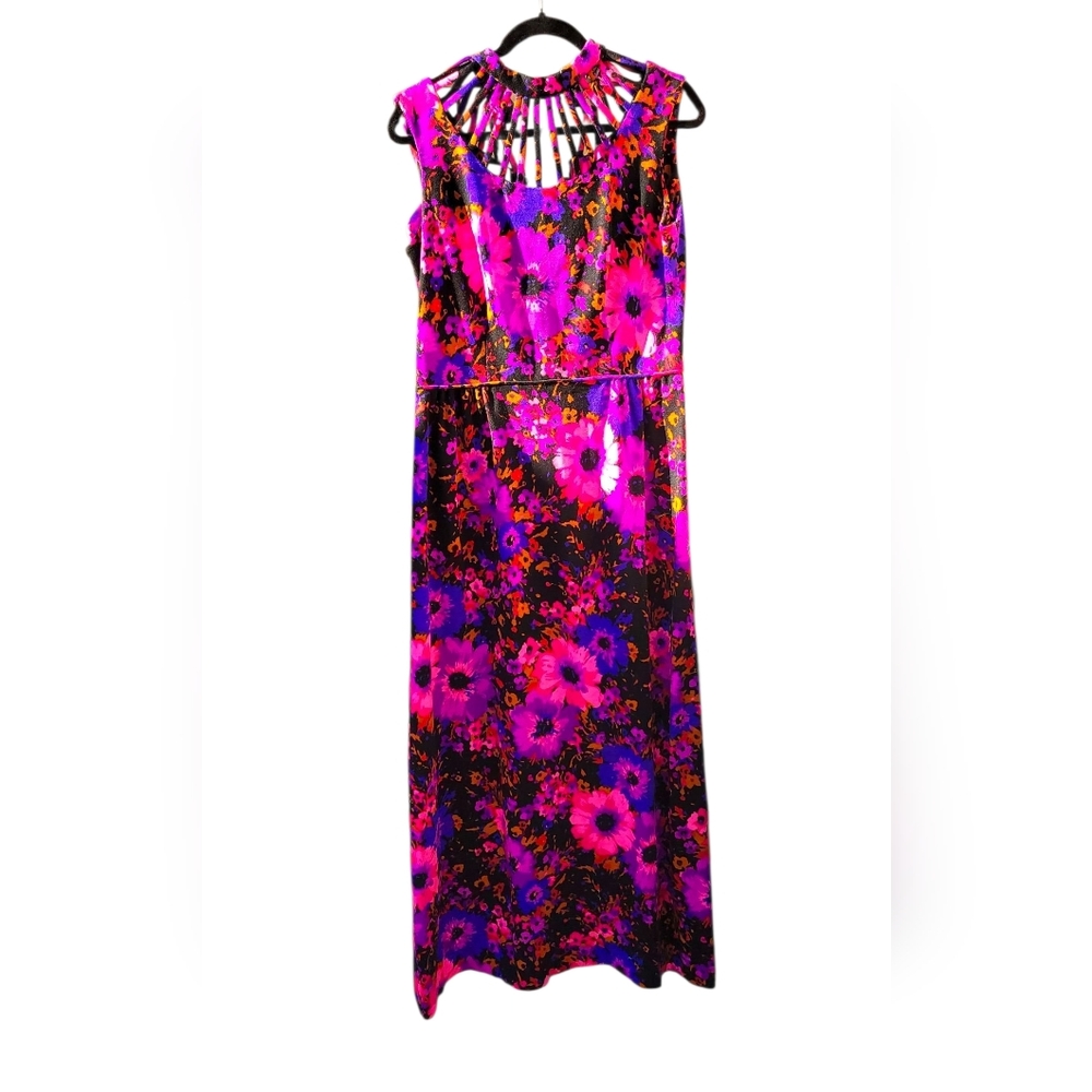 1960s Vintage Gina Rinaldi Psychadelic Floral Maxi Dress With Cutout Neckline - Picture 5 of 10